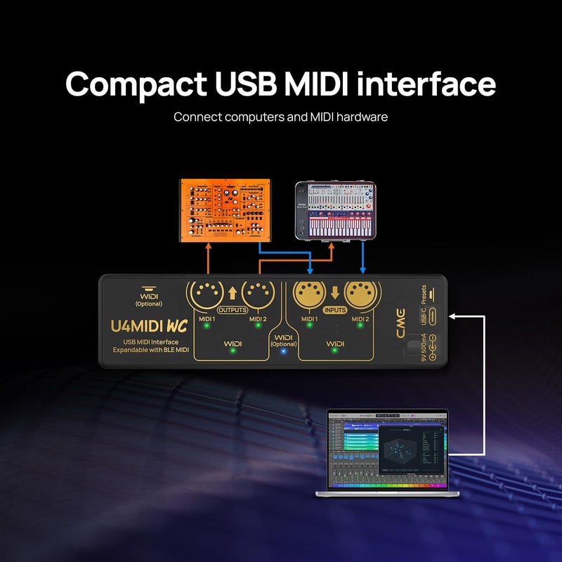 C M E U4MIDI WC - Hybrid 2-in-2-out MIDI Interface with Router, Filter, Mapper, Optional WIDI Bluetooth MIDI, Standalone 9V Power Mode - Perfect for Guitarists and Pedalboards - Image 3